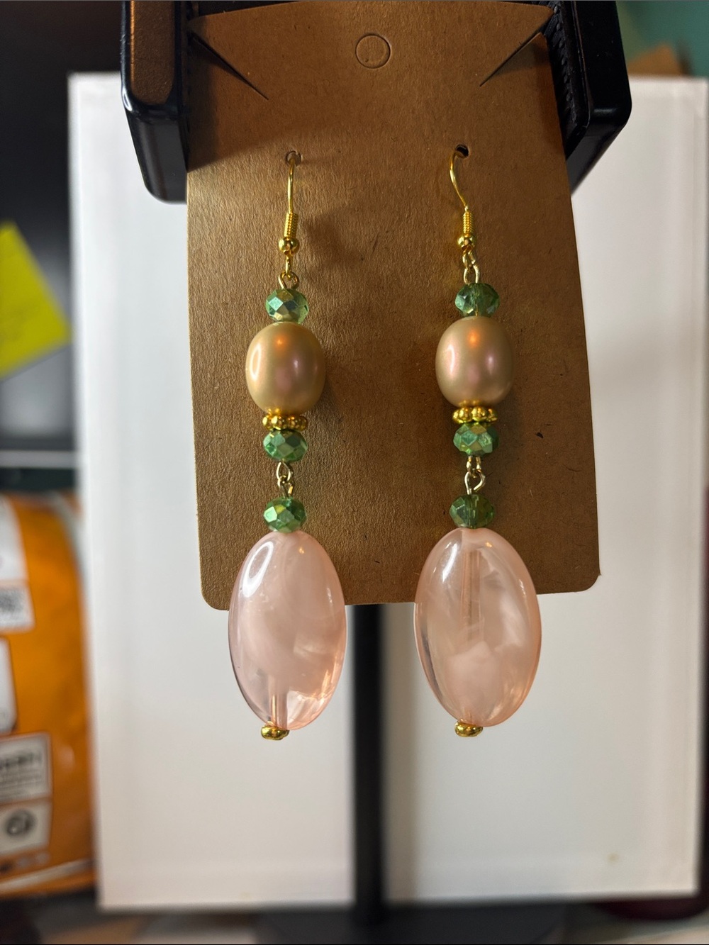 Handmade Blush Pink & Sage Green Dangle Earrings | Gold Tone